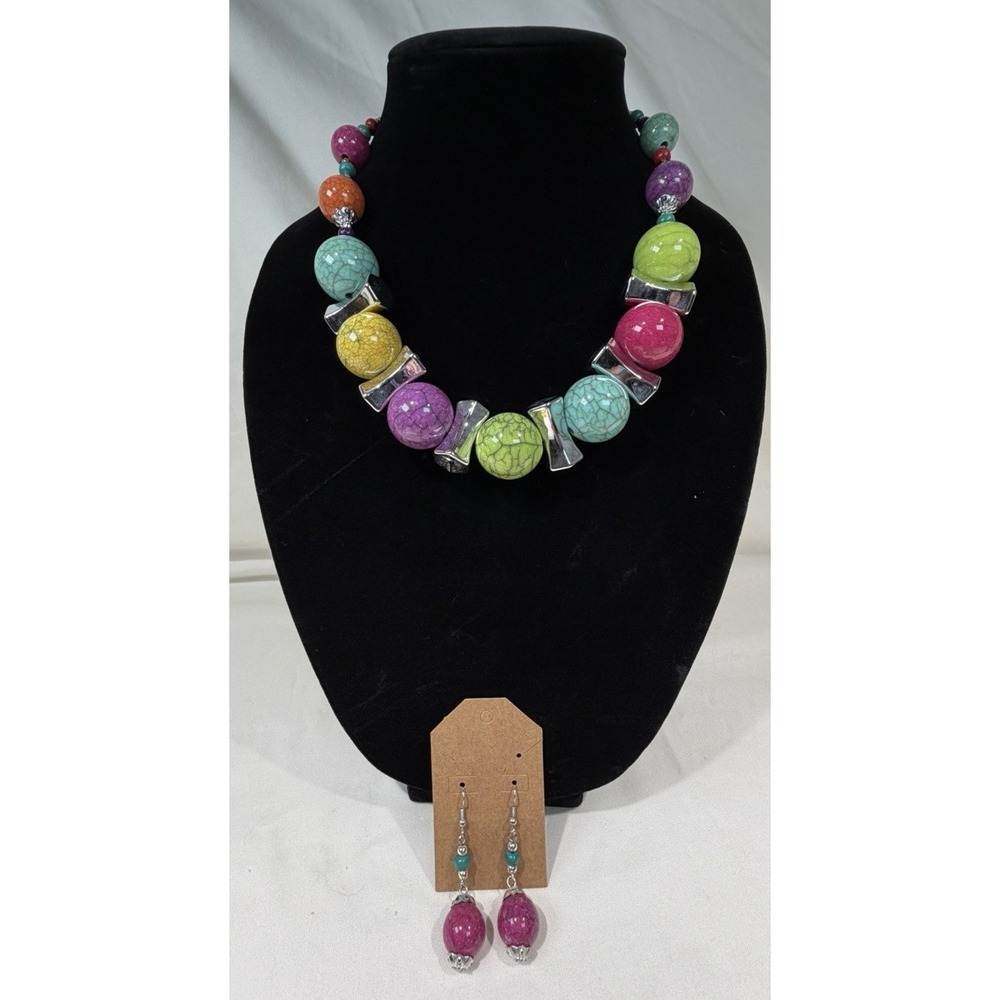 Colorful Chunky Beaded Statement Necklace Earrings set Crackle Beads Silver Tone
